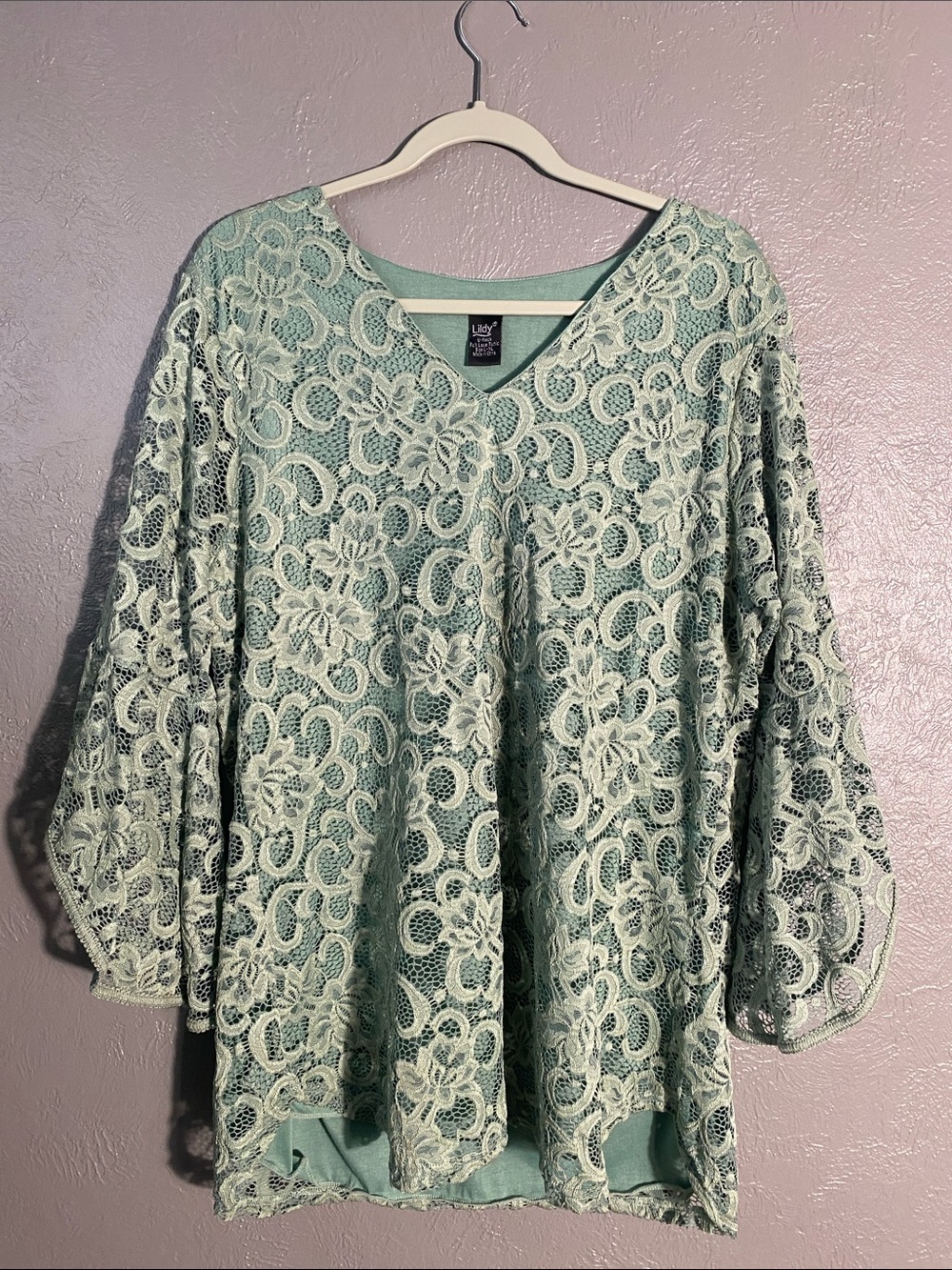 Lildy Sage Lace Tunic Top V Neck Boho Romantic Cottagecore Bell Sleeve L - XL